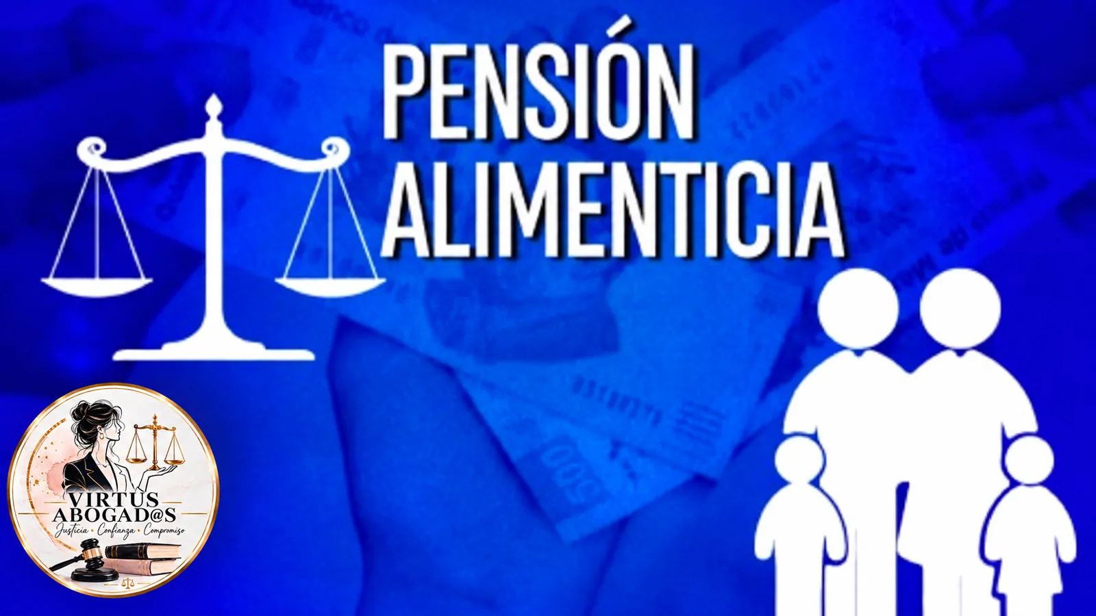 Balanza de la justicia y silueta de una familia sobre fondo azul con billetes, que representan la pensión alimenticia